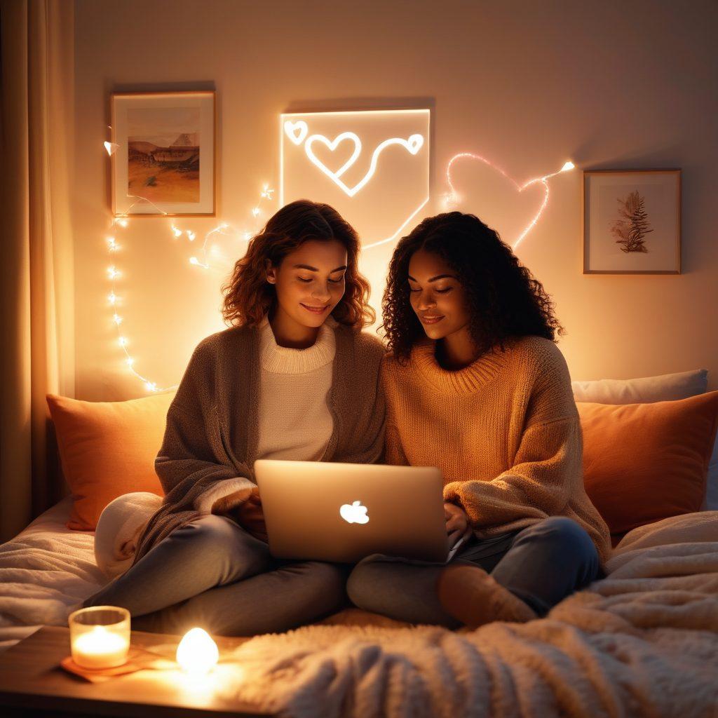 A cozy digital space featuring two people communicating via a laptop, their faces illuminated by the screen's glow. Surrounding them are symbols of connection like hearts, chat bubbles, and glowing lines representing emotional bonds. The setting should have warm colors to evoke intimacy, with soft textures to create a welcoming atmosphere. super-realistic. warm tones. intimate setting.