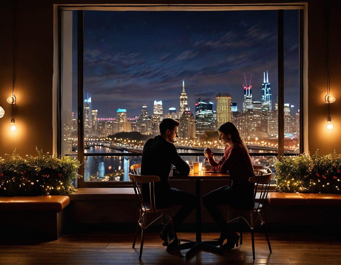 A romantic scene depicting a couple sitting at a cozy café with laptops open, engaging in a deep conversation. The table is adorned with coffee cups and a soft glow from string lights overhead. In the background, subtle hints of a city skyline suggest modernity and connection. The couple appears immersed in each other's eyes, showcasing warmth and chemistry, symbolizing modern romance. super-realistic. vibrant colors. soft focus.