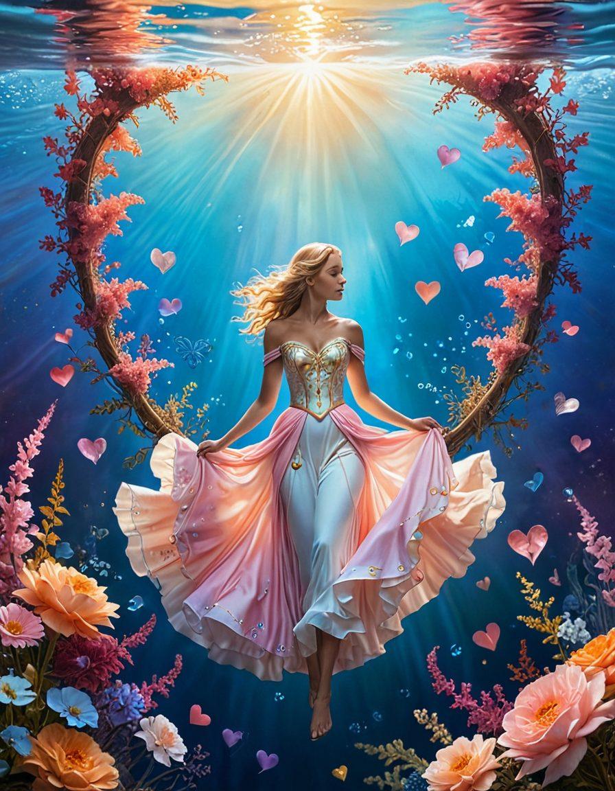 A heart shaped compass symbolizing love, surrounded by digital elements like chat bubbles and hearts, representing online dating. Include a serene underwater scene with vibrant coral, where an ethereal figure explores the depths of romance, while rays of light break through the surface above. Use soft blues, pinks, and golds to create a romantic atmosphere. super-realistic. vibrant colors.
